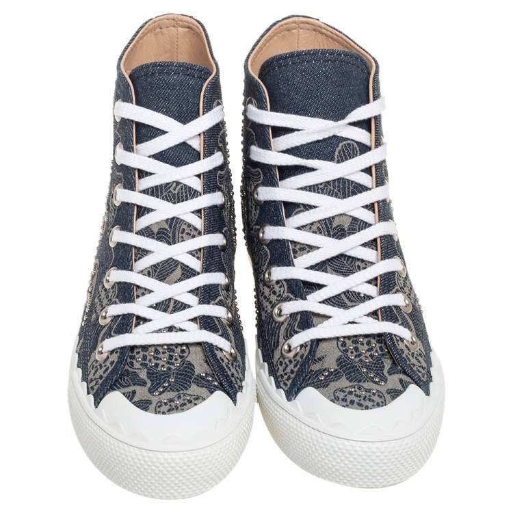Pre Owned Chloe Blue Canvas Embellished High Top Sneakers Size 38