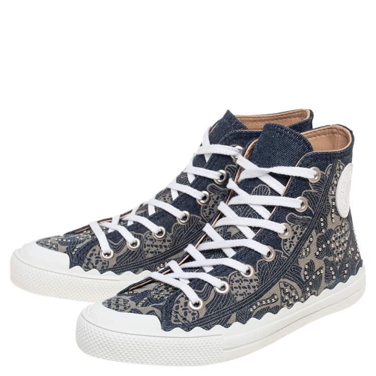 Pre Owned Chloe Blue Canvas Embellished High Top Sneakers Size 38