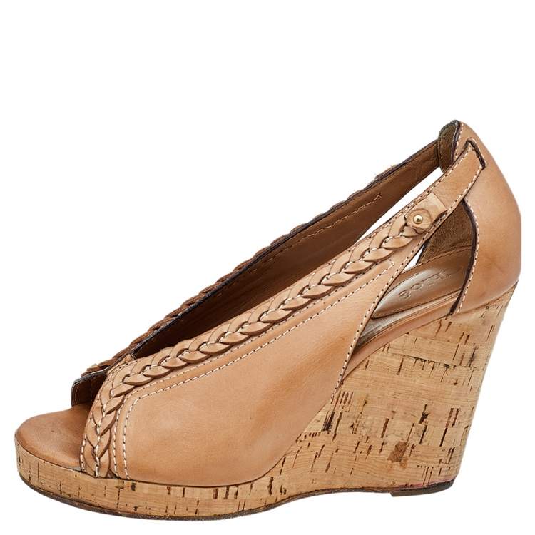 مملوكة مسبقًا Chloe Brown Leather Cork Wedge Sandals Size 41