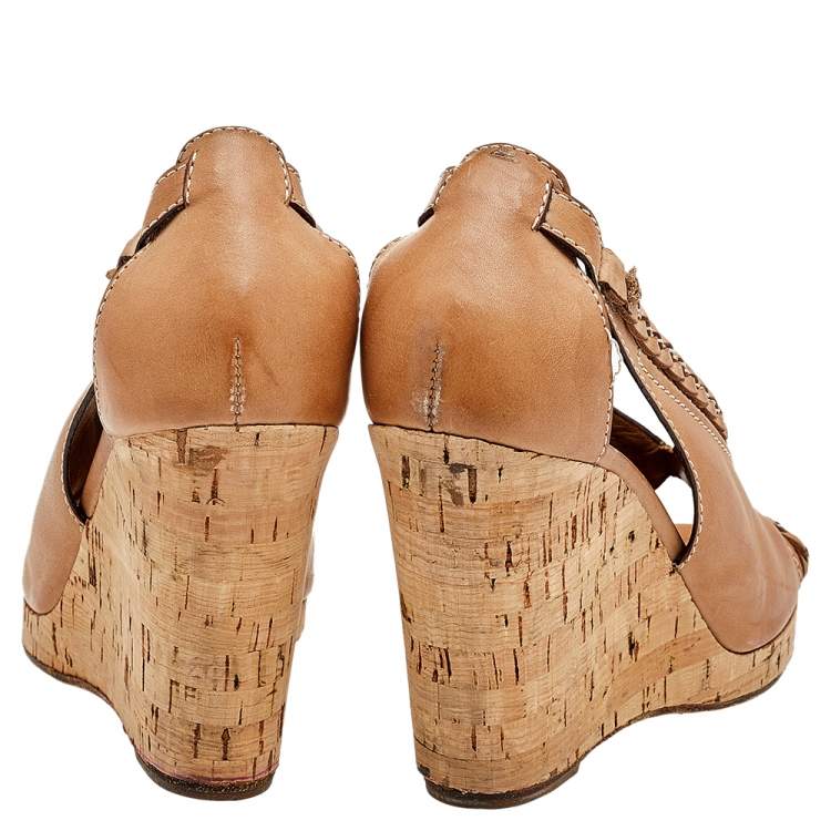 مملوكة مسبقًا Chloe Brown Leather Cork Wedge Sandals Size 41