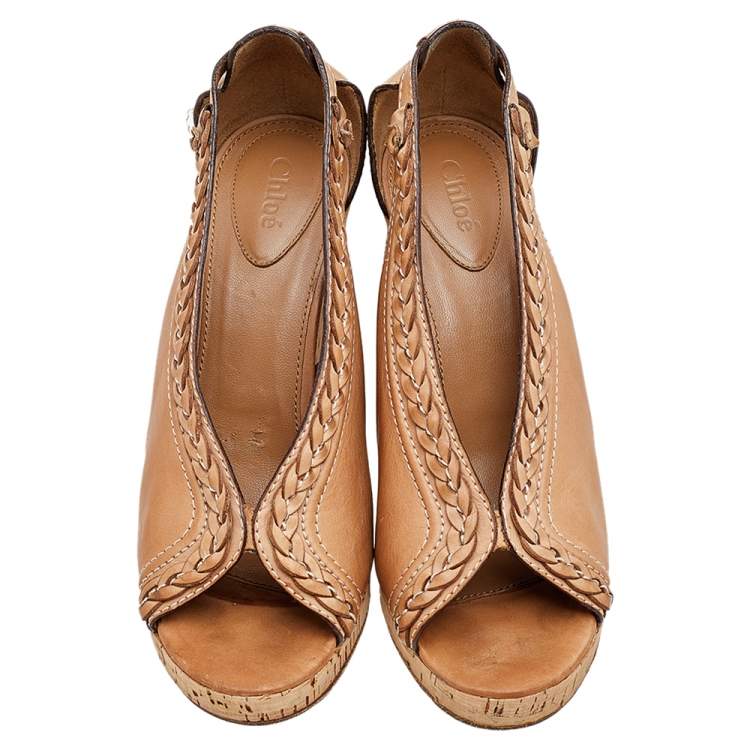 مملوكة مسبقًا Chloe Brown Leather Cork Wedge Sandals Size 41