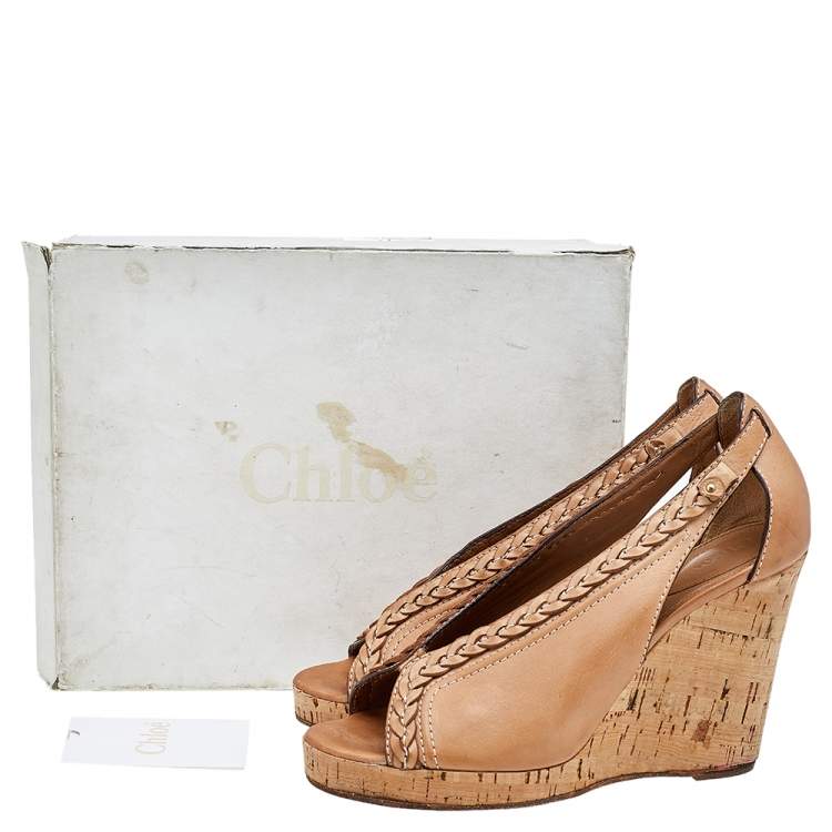 مملوكة مسبقًا Chloe Brown Leather Cork Wedge Sandals Size 41
