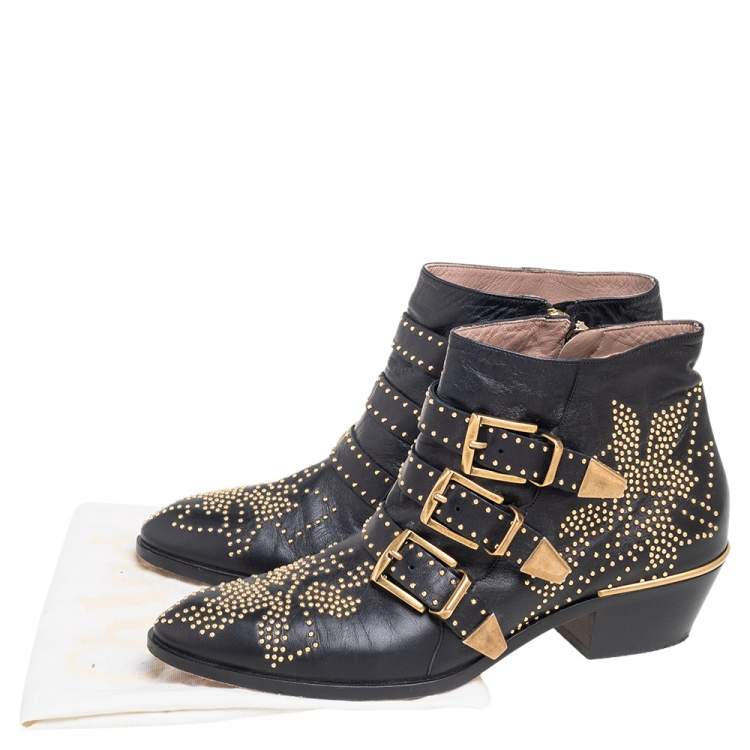 Pre Owned Chloe Black/Gold Studded Leather Susanna Ankle Boots Size 38