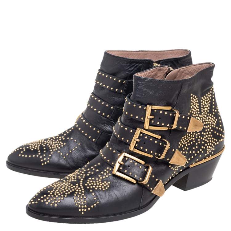 Pre Owned Chloe Black/Gold Studded Leather Susanna Ankle Boots Size 38