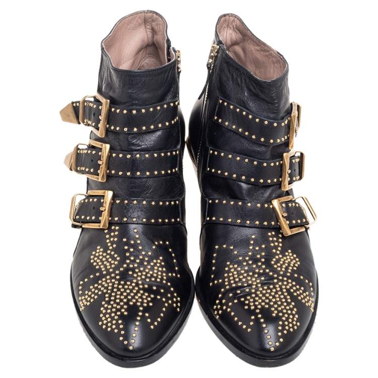 Pre Owned Chloe Black/Gold Studded Leather Susanna Ankle Boots Size 38