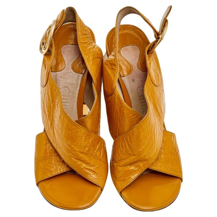 Pre Owned Chloe Yellow Leather Criss Cross Block Heel Sandals Size 36
