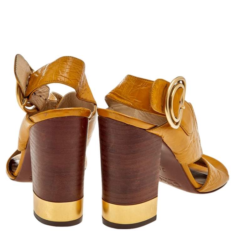 Pre Owned Chloe Yellow Leather Criss Cross Block Heel Sandals Size 36