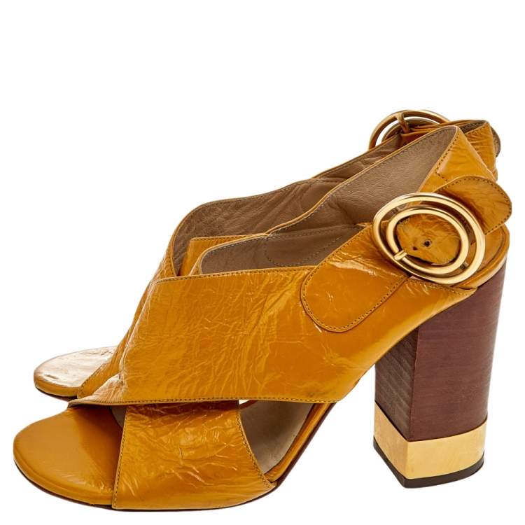 Pre Owned Chloe Yellow Leather Criss Cross Block Heel Sandals Size 36