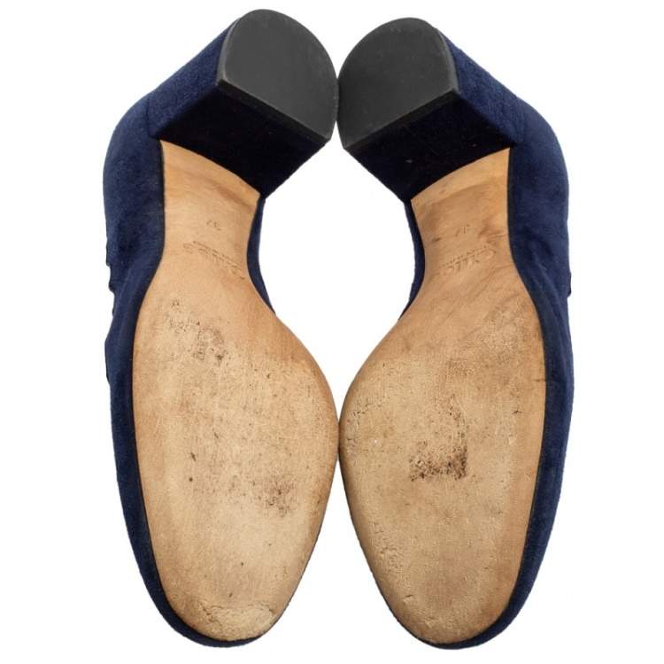 مملوكة مسبقًا Chloe Blue Suede Lauren Scallop Trim Block Heel Pumps Size 37