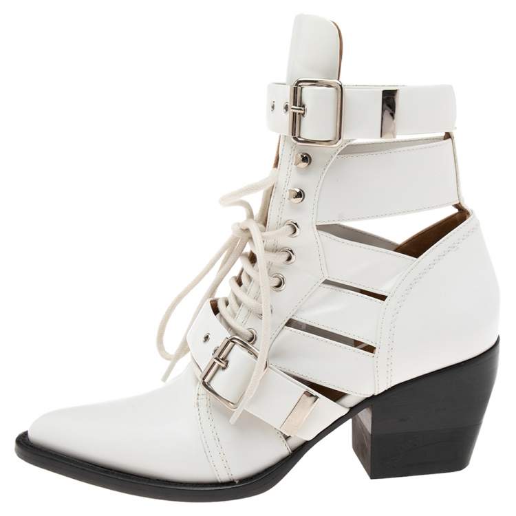 $1390 Chloe Rylee Cutout Glossy Leather Lace Up Buckled Ankle Boots White  EUR 39