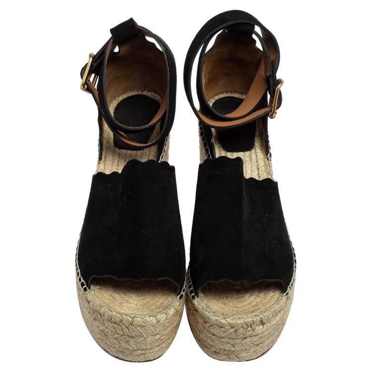 Pre Owned Chloe Black Suede Scalloped Trim Lauren Ankle Wrap Espadrille Platform Wedge Sandals Size 40