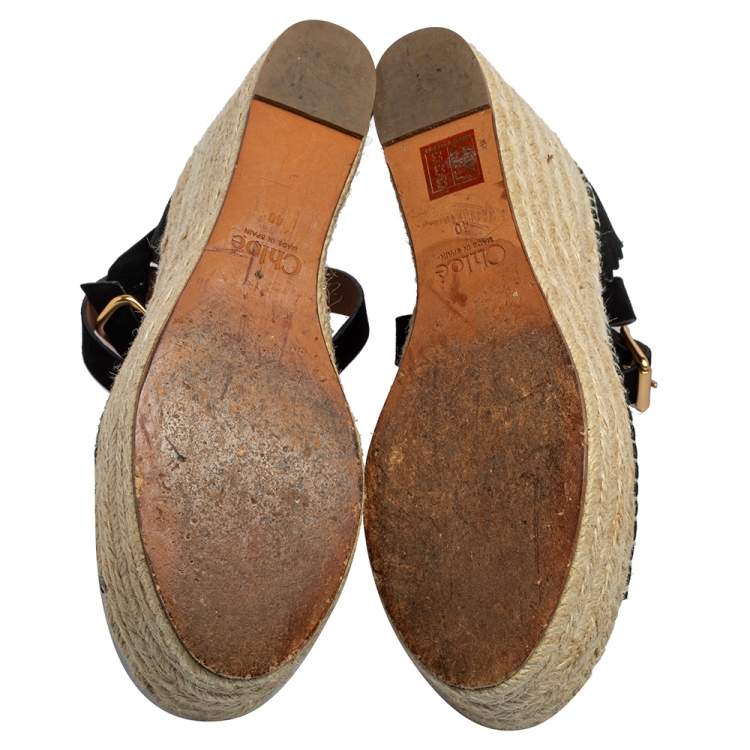 Pre Owned Chloe Black Suede Scalloped Trim Lauren Ankle Wrap Espadrille Platform Wedge Sandals Size 40