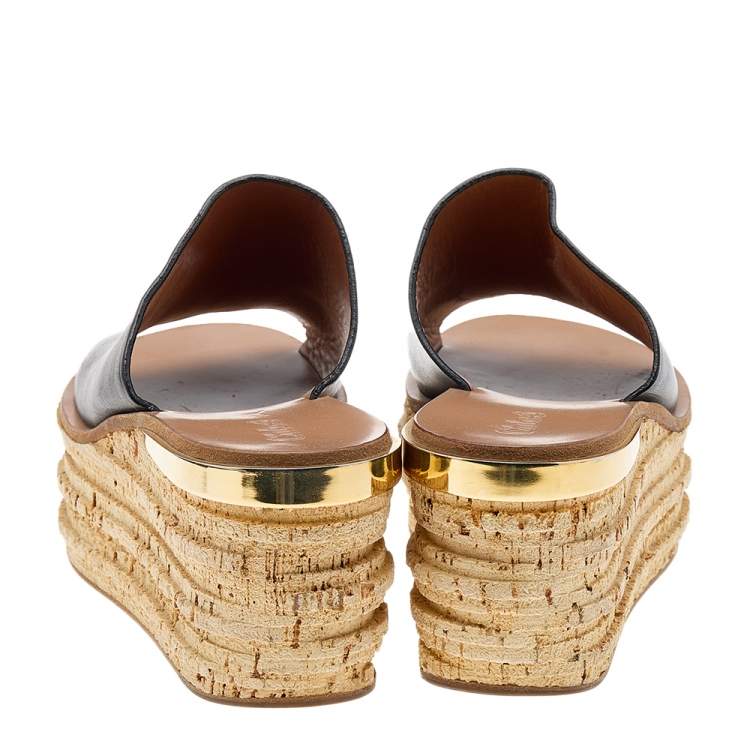 Pre Owned Chloe Black Leather Platform Wedge Slide Sandals Size 39