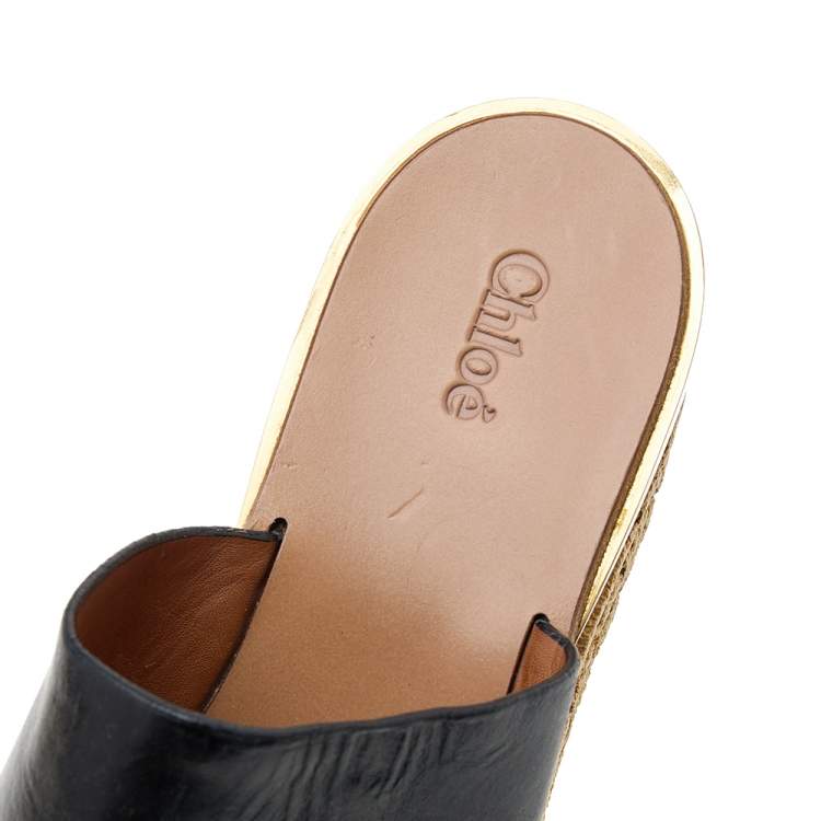 Pre Owned Chloe Black Leather Platform Wedge Slide Sandals Size 39