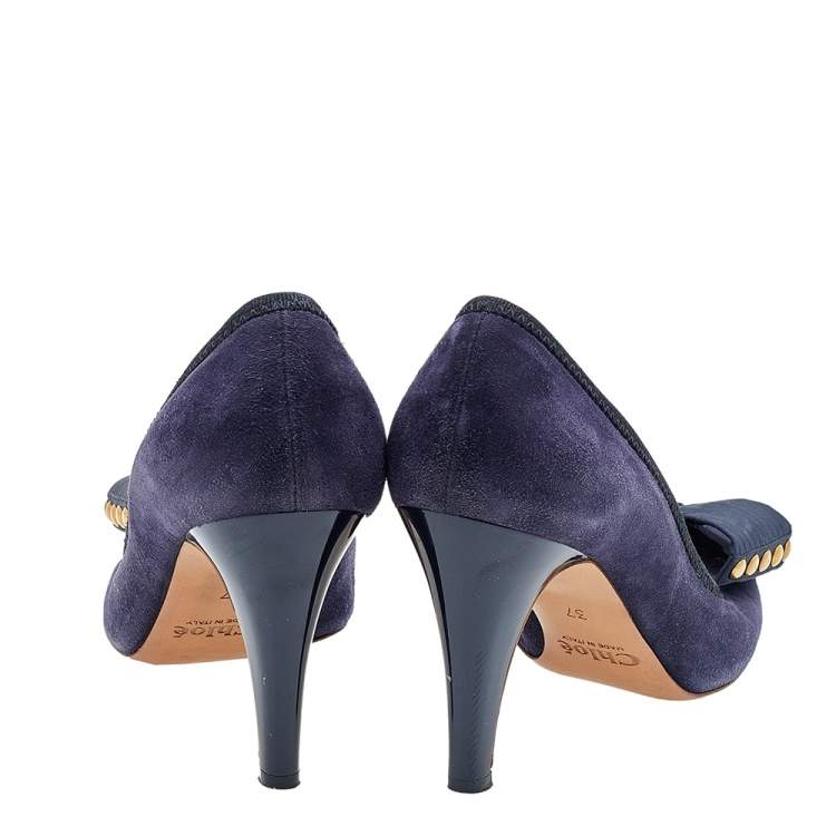 Pre Owned Chloe Navy Blue Suede Studded Bow Pumps Size 37