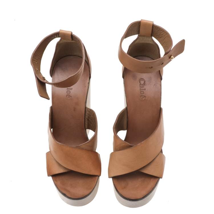 Pre Owned Chloe Tan Leather Wedge Crisscross Platform Sandals Size 37.5