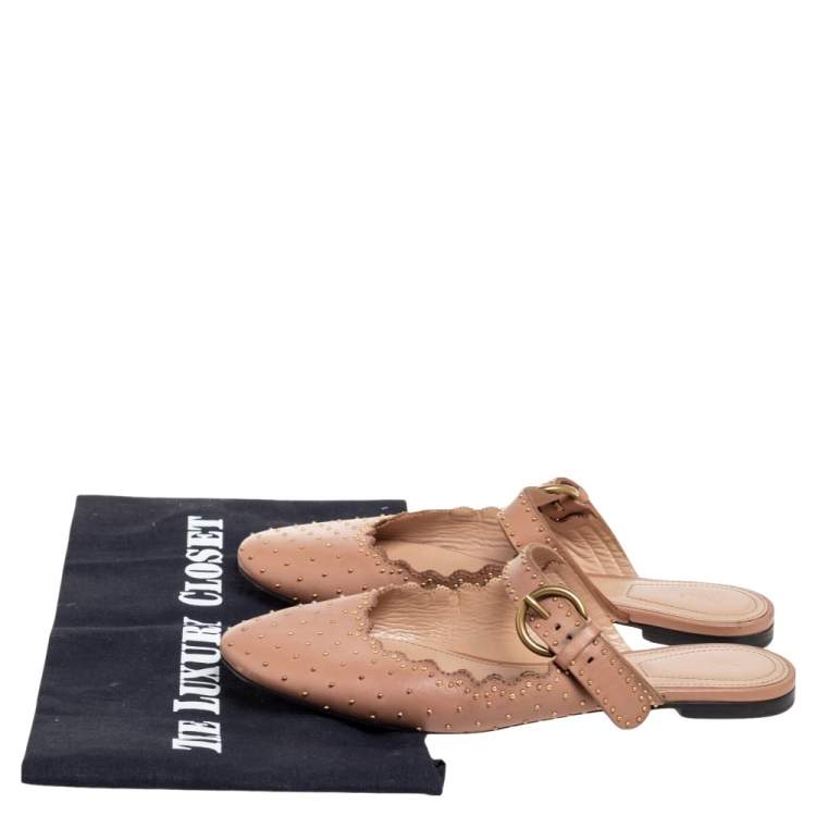 مملوكة مسبقًا Chloe Beige Leather Lauren Buckle Strap Studded Mule Flats Size 36
