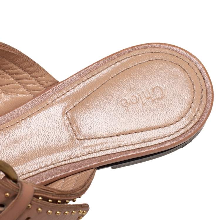 مملوكة مسبقًا Chloe Beige Leather Lauren Buckle Strap Studded Mule Flats Size 36
