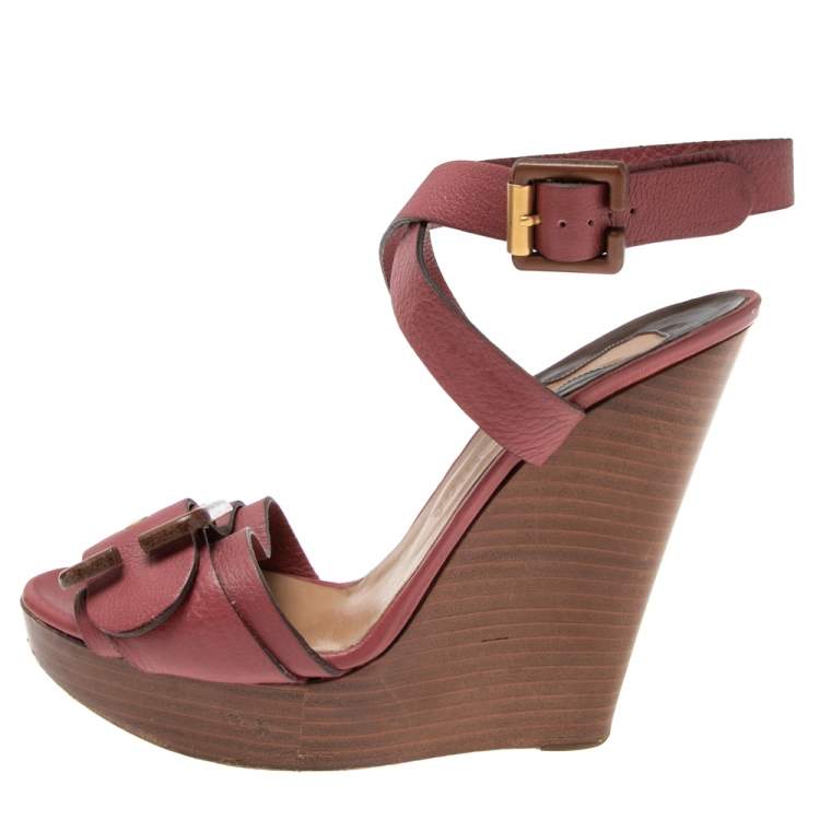 Pre Owned Chloe Red Leather Ankle Wrap  Wedge Sandals Size 40