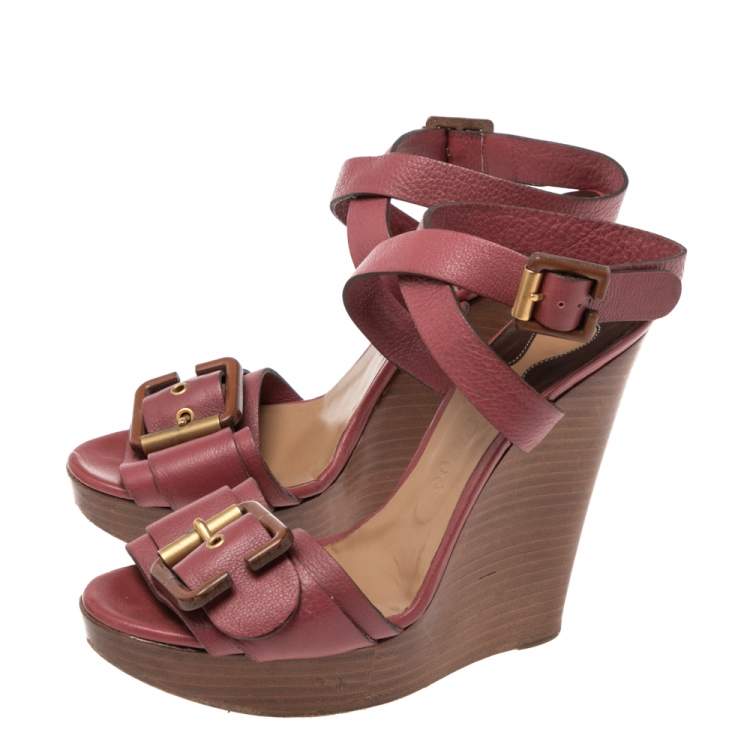 Pre Owned Chloe Red Leather Ankle Wrap  Wedge Sandals Size 40