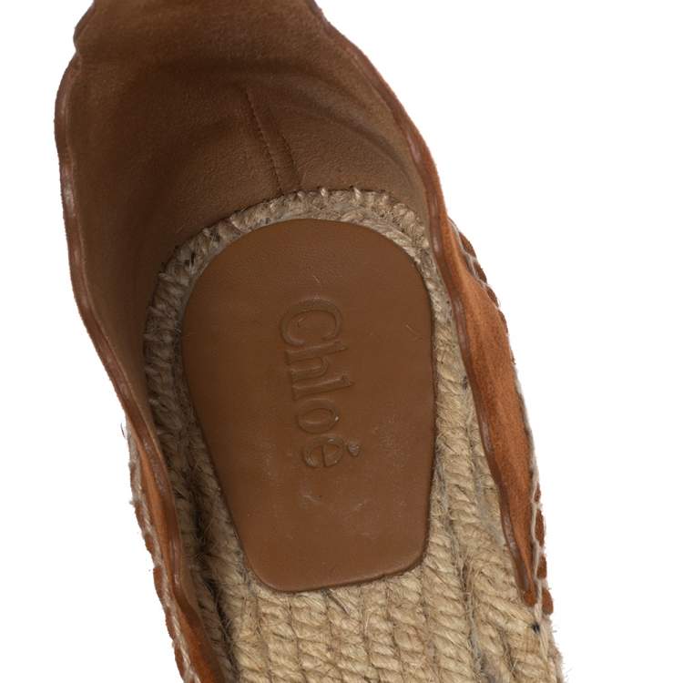 Pre Owned Chloe Tan Scalloped Lauren Suede Espadrille Wedge Ankle-Strap Sandals Size 40