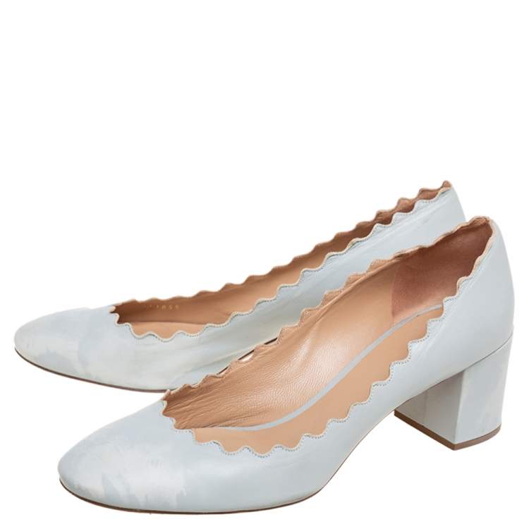 Pre Owned  Chloe Blue Leather Lauren Scallop Trim Block Heel Pumps Size 40