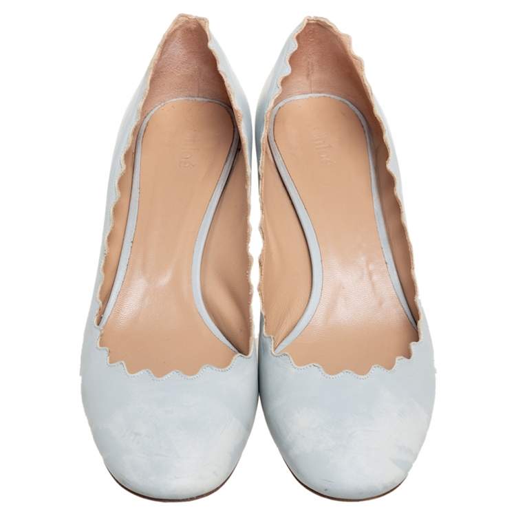 Pre Owned  Chloe Blue Leather Lauren Scallop Trim Block Heel Pumps Size 40