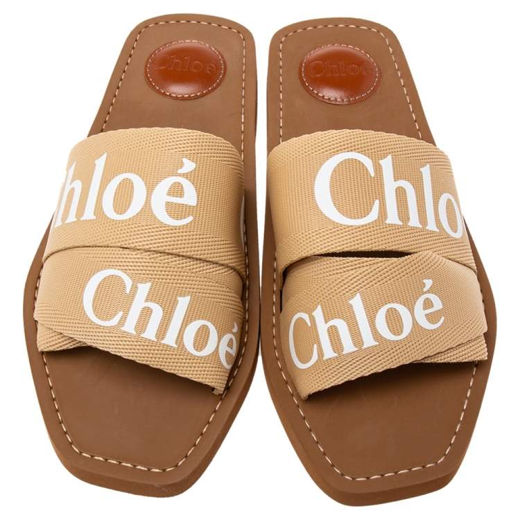 Pre Owned Chloé Ivory Canvas Logo Woody Flat Mules Size 38