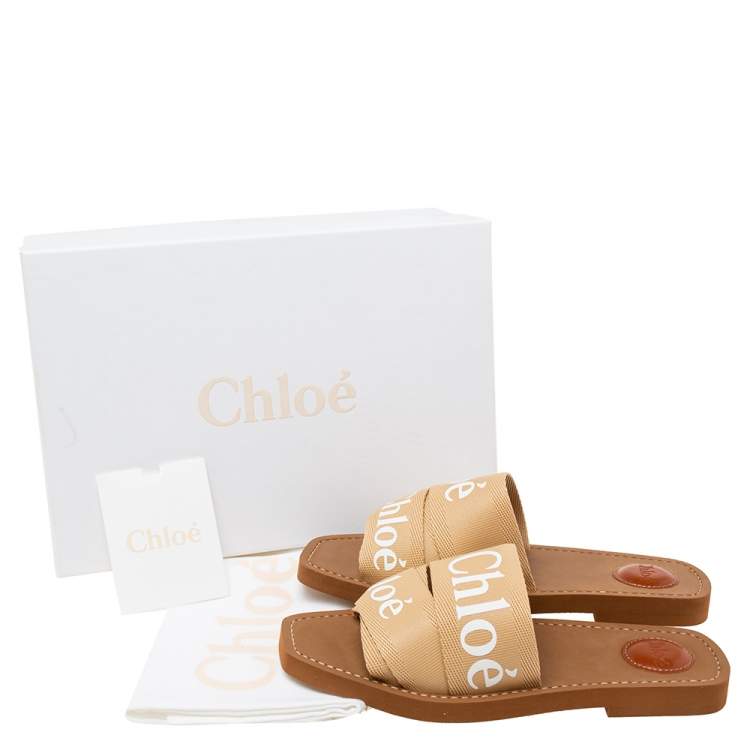 Pre Owned Chloé Ivory Canvas Logo Woody Flat Mules Size 38