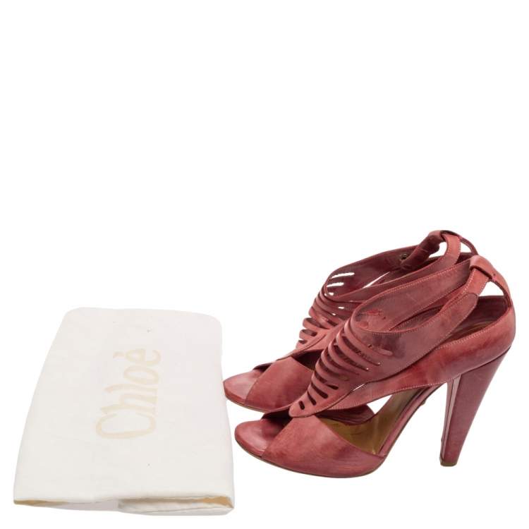 Pre Owned Chloe  Pink Leather Caged  Block Heel Sandals Size  38