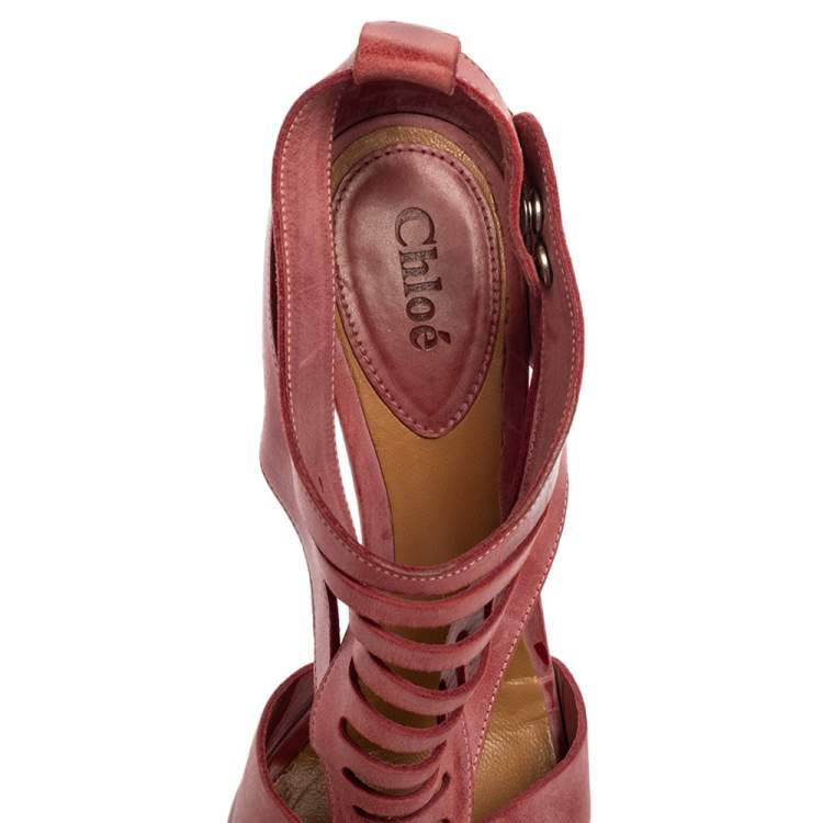 Pre Owned Chloe  Pink Leather Caged  Block Heel Sandals Size  38