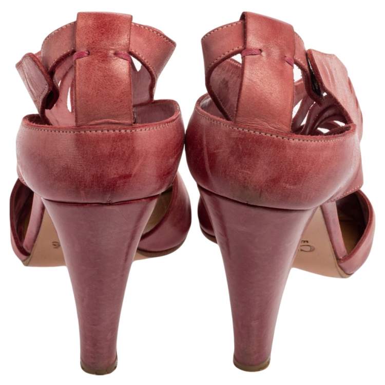 Pre Owned Chloe  Pink Leather Caged  Block Heel Sandals Size  38