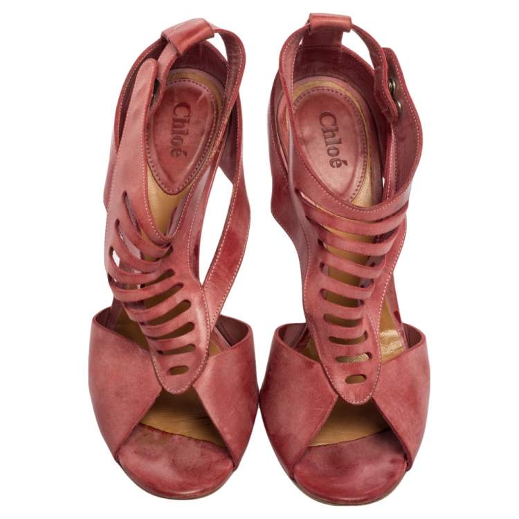 Pre Owned Chloe  Pink Leather Caged  Block Heel Sandals Size  38