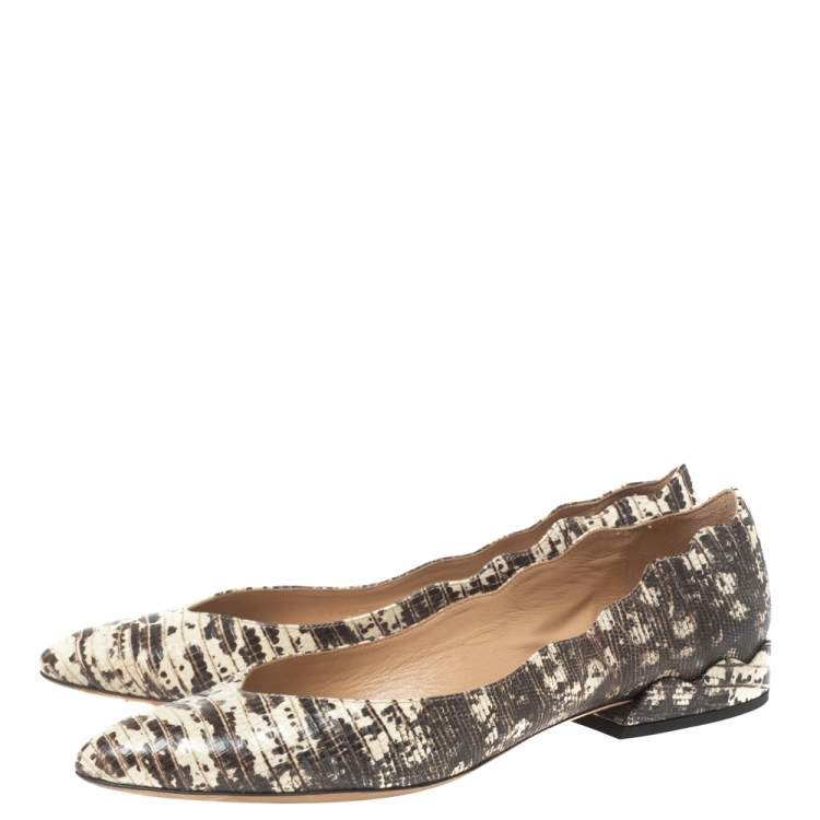 Pre Owned Chloe Two-Tone Lizard Embossed Scalloped Leather Pointed-Toe Ballet Flats Size 39