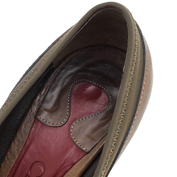 Pre Owned Chloe Brown/Olive Green Leather And Fabric Block Heel Platform Pumps Size 36