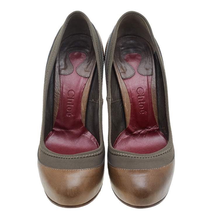 Pre Owned Chloe Brown/Olive Green Leather And Fabric Block Heel Platform Pumps Size 36