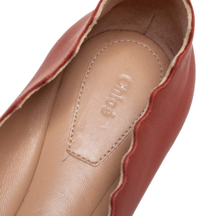 Pre Owned Chloe Orange  Leather Lauren Scalloped Ballet Flats Size 38.5