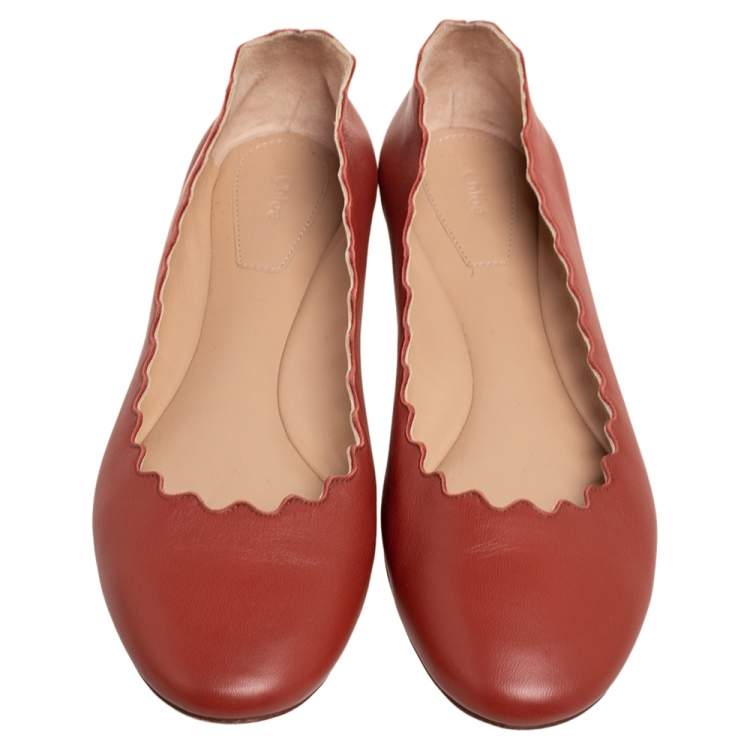 Pre Owned Chloe Orange  Leather Lauren Scalloped Ballet Flats Size 38.5