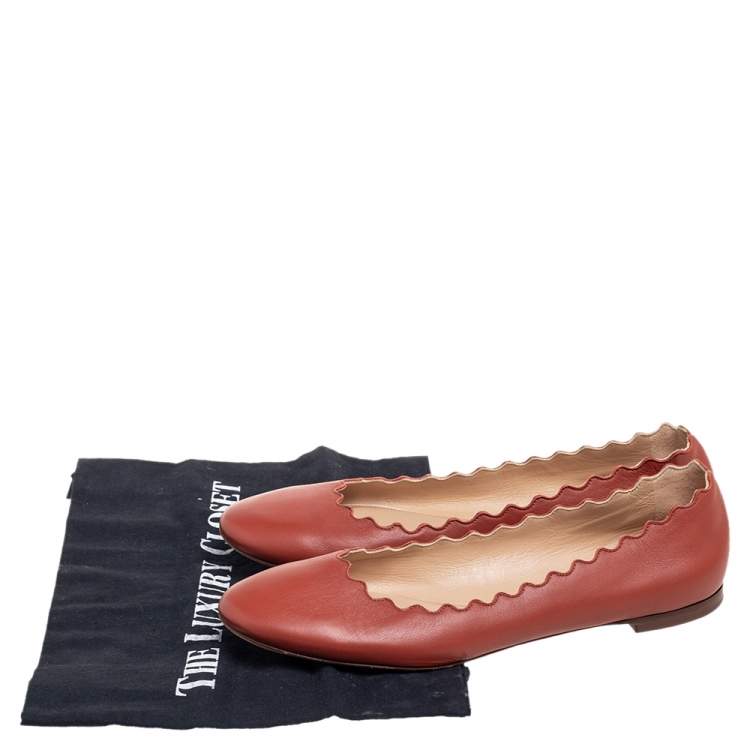 Pre Owned Chloe Orange  Leather Lauren Scalloped Ballet Flats Size 38.5