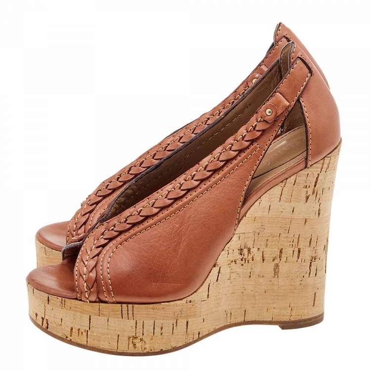 Pre Owned Chloe Brown Leather Braided Detail Cork Platform Wedge Sandals Size 37