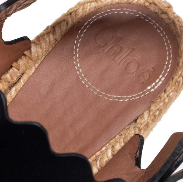 مملوكة مسبقًا Chloe Black Leather Lauren Wedge Espadrille Sandals Size 39