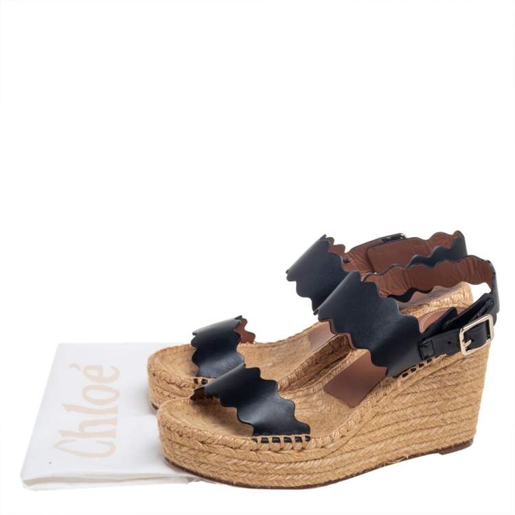 مملوكة مسبقًا Chloe Black Leather Lauren Wedge Espadrille Sandals Size 39