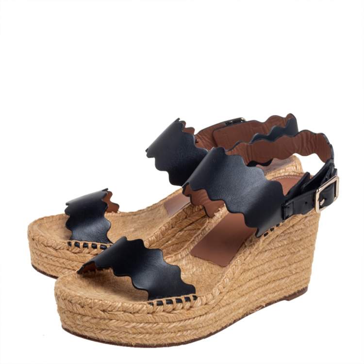 مملوكة مسبقًا Chloe Black Leather Lauren Wedge Espadrille Sandals Size 39