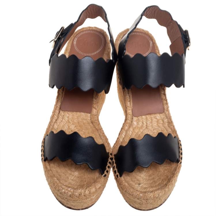 مملوكة مسبقًا Chloe Black Leather Lauren Wedge Espadrille Sandals Size 39