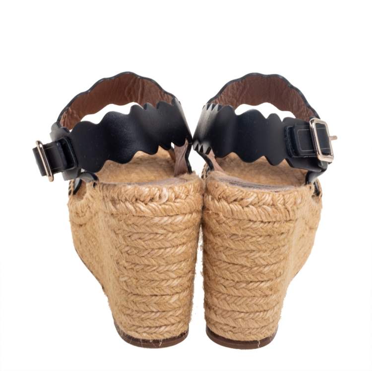 مملوكة مسبقًا Chloe Black Leather Lauren Wedge Espadrille Sandals Size 39