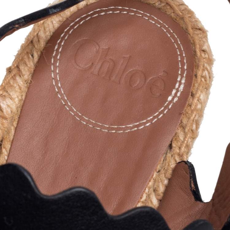 مملوكة مسبقًا Chloe Black Leather Lauren Wedge Espadrille Sandals Size 39