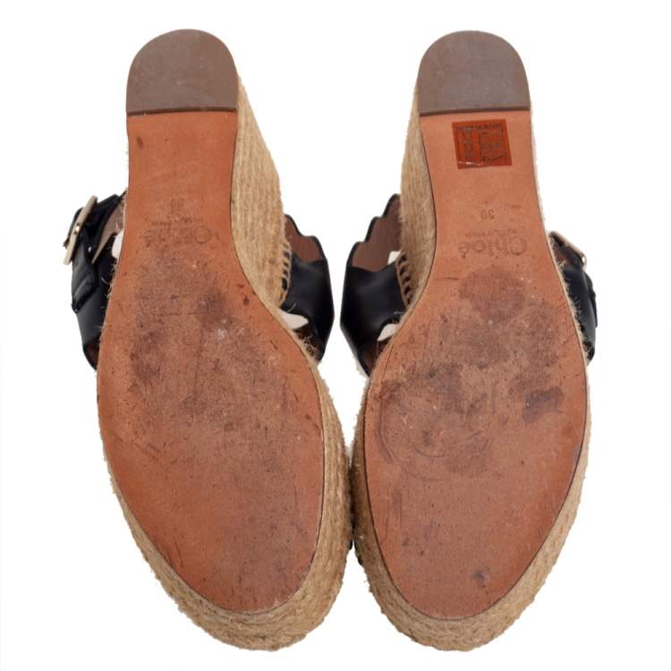 مملوكة مسبقًا Chloe Black Leather Lauren Wedge Espadrille Sandals Size 39