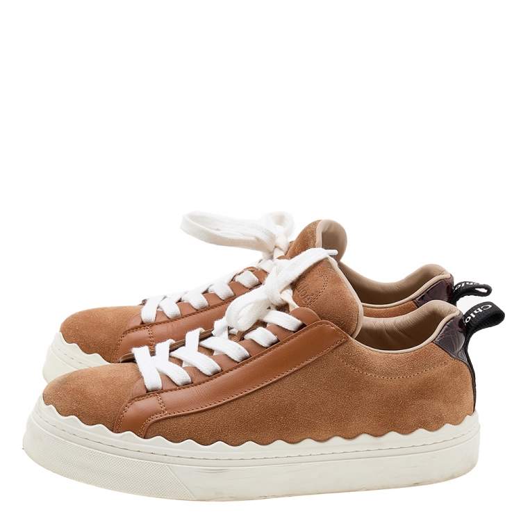 Pre Owned Chloe Brown Suede And Croc Embossed Leather Laureen Low Top Sneakers Size 36
