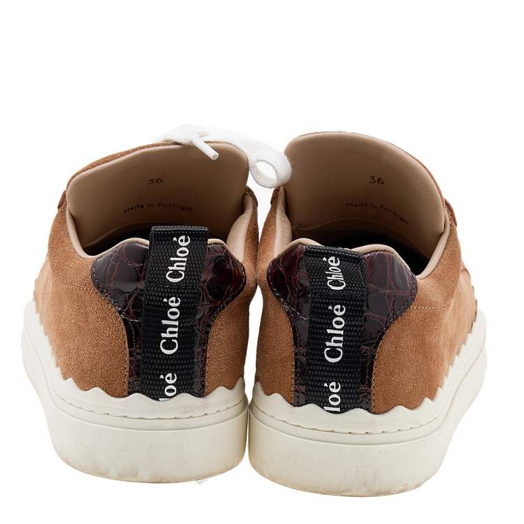 Pre Owned Chloe Brown Suede And Croc Embossed Leather Laureen Low Top Sneakers Size 36