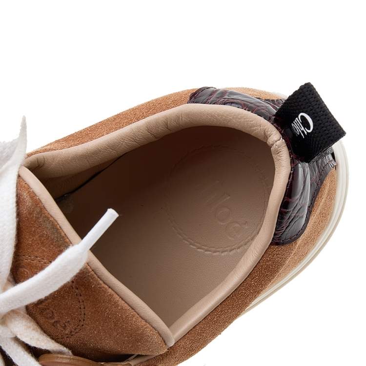 Pre Owned Chloe Brown Suede And Croc Embossed Leather Laureen Low Top Sneakers Size 36